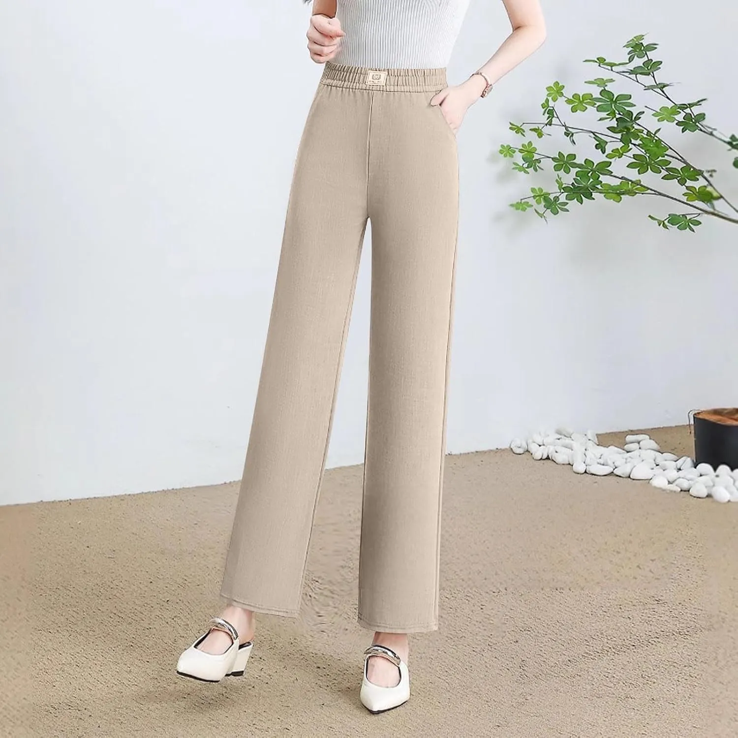 Plus Size Womens Casual Wide Leg Pants Summer Elastic Waist Loose Pant Lounge Palazzo Trousers with Pockets
