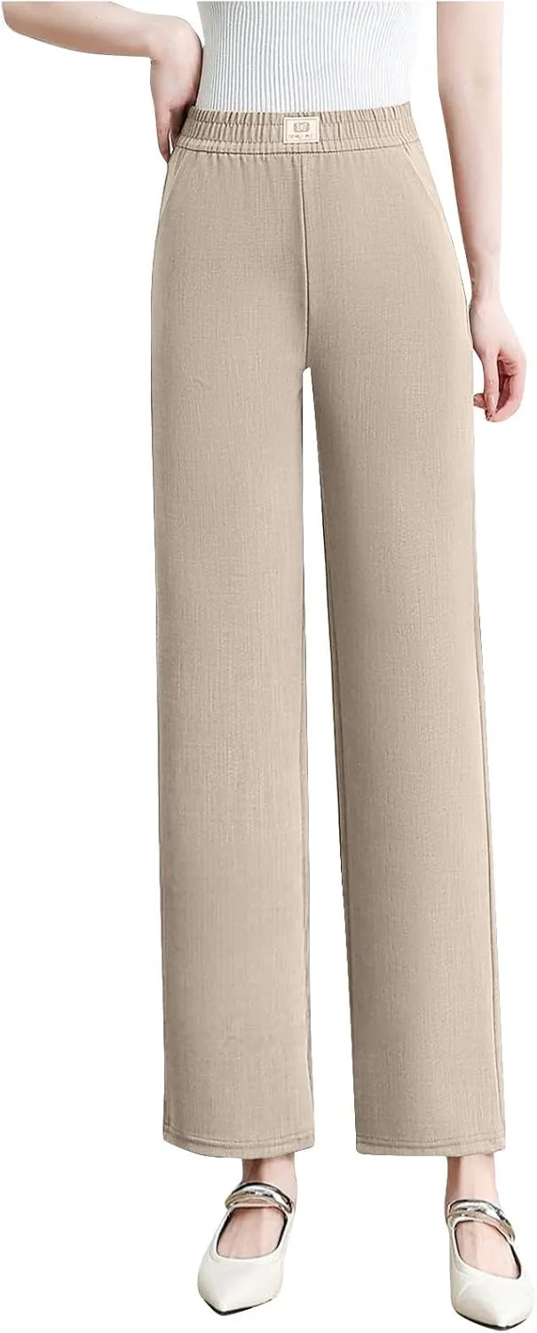 Plus Size Womens Casual Wide Leg Pants Summer Elastic Waist Loose Pant Lounge Palazzo Trousers with Pockets