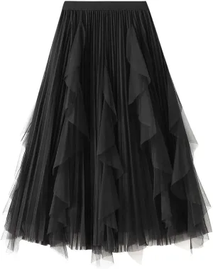 Polyester Skirt Women Ruffle Tulle Skirt Fairy Elastic High Waist Midi Skirt Elegant A-line Swing Pleated Skirt Length 80cm
