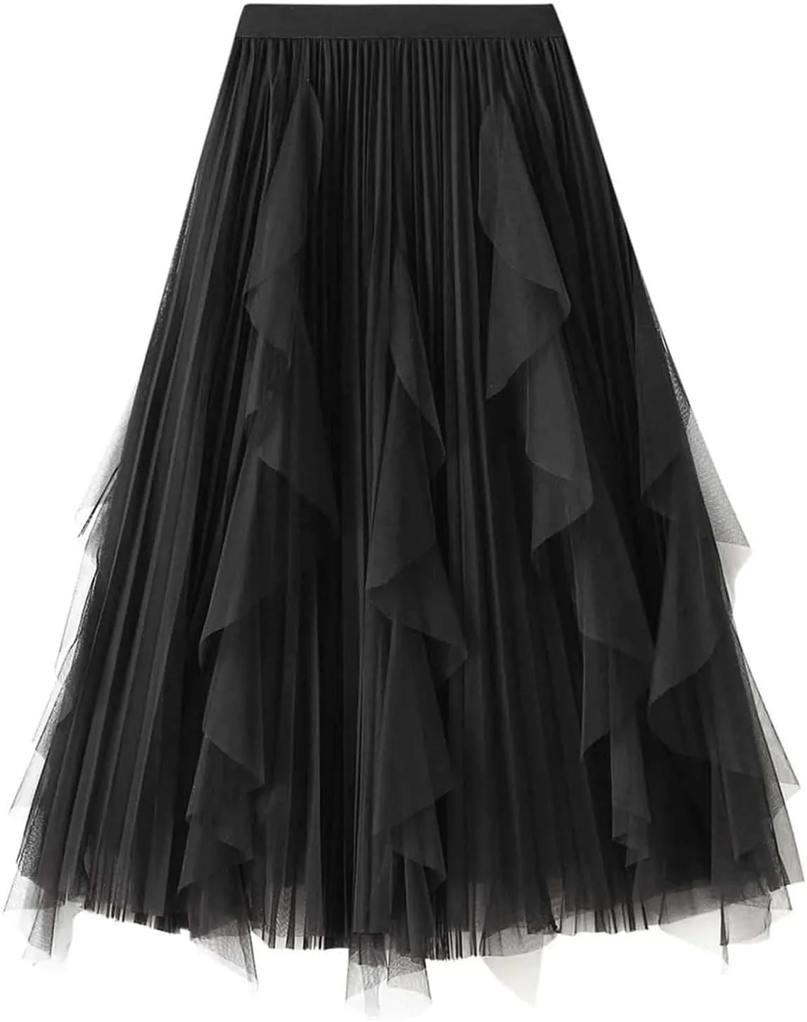 Polyester Skirt Women Ruffle Tulle Skirt Fairy Elastic High Waist Midi Skirt Elegant A-line Swing Pleated Skirt Length 80cm