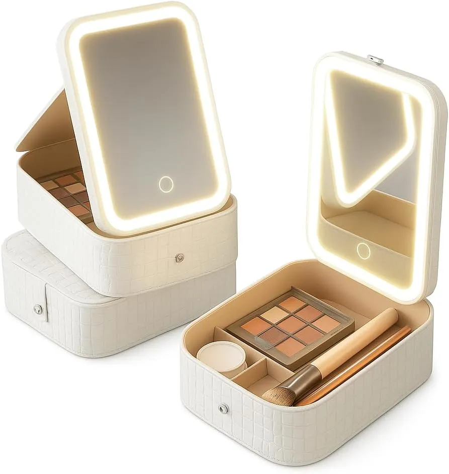 Portable Makeup Case with LED Lighted Mirror, White Crocodile Pattern, Travel Cosmetic Organizer with Adjustable Dividers