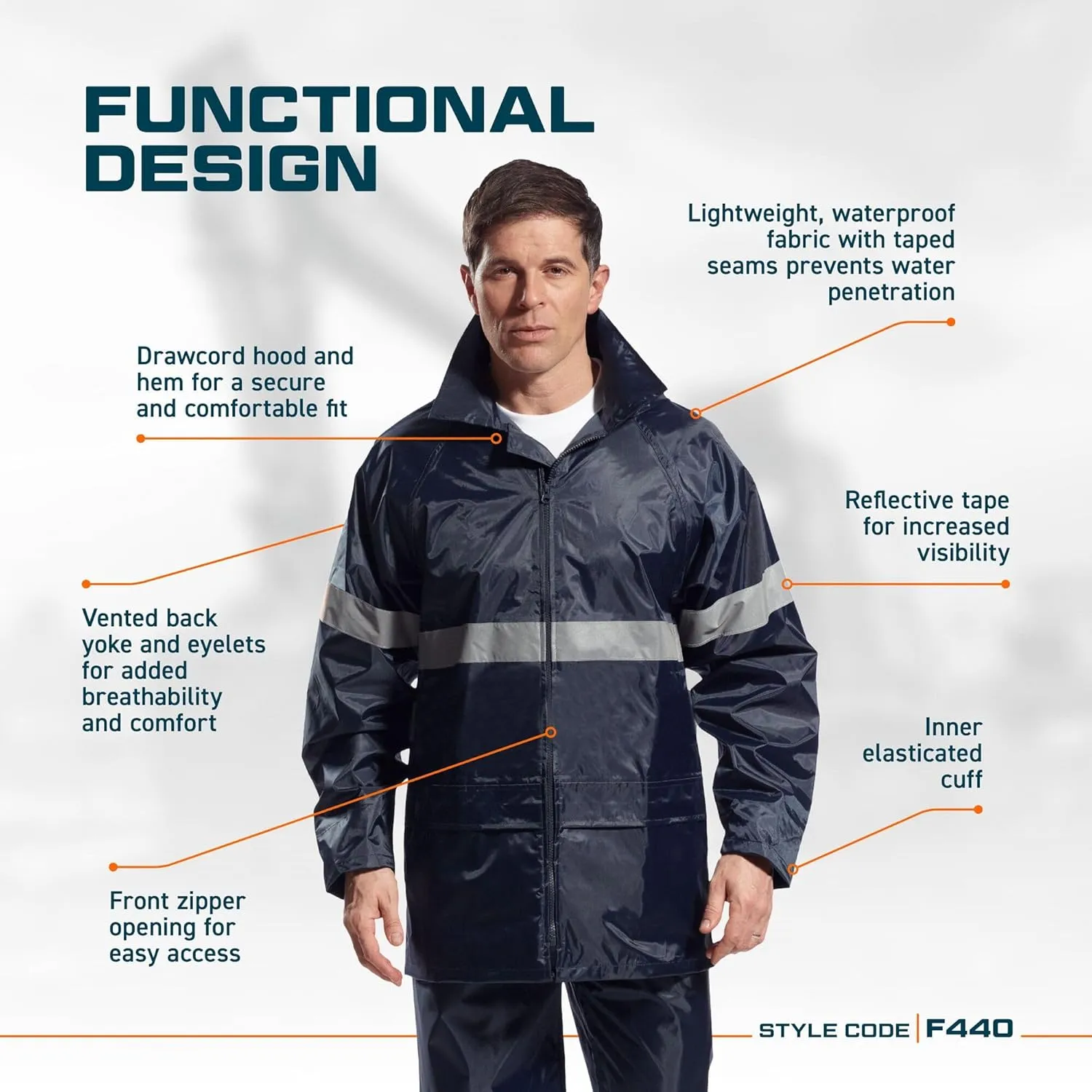 Portwest F440 Men's Hi Vis Waterproof Hooded Rain Jacket - Classic Iona Reflective Rain Coat Navy, 5X-Large