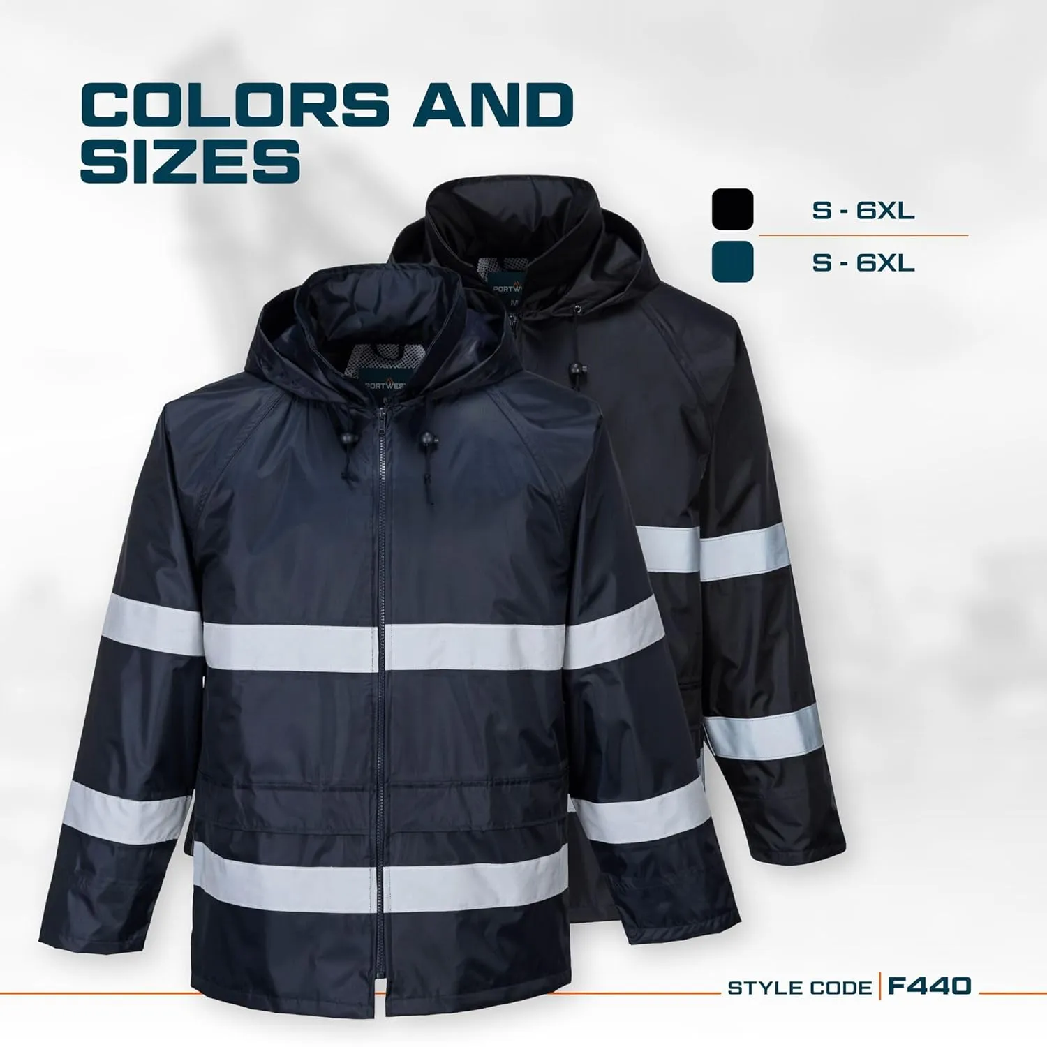 Portwest F440 Men's Hi Vis Waterproof Hooded Rain Jacket - Classic Iona Reflective Rain Coat Navy, 5X-Large