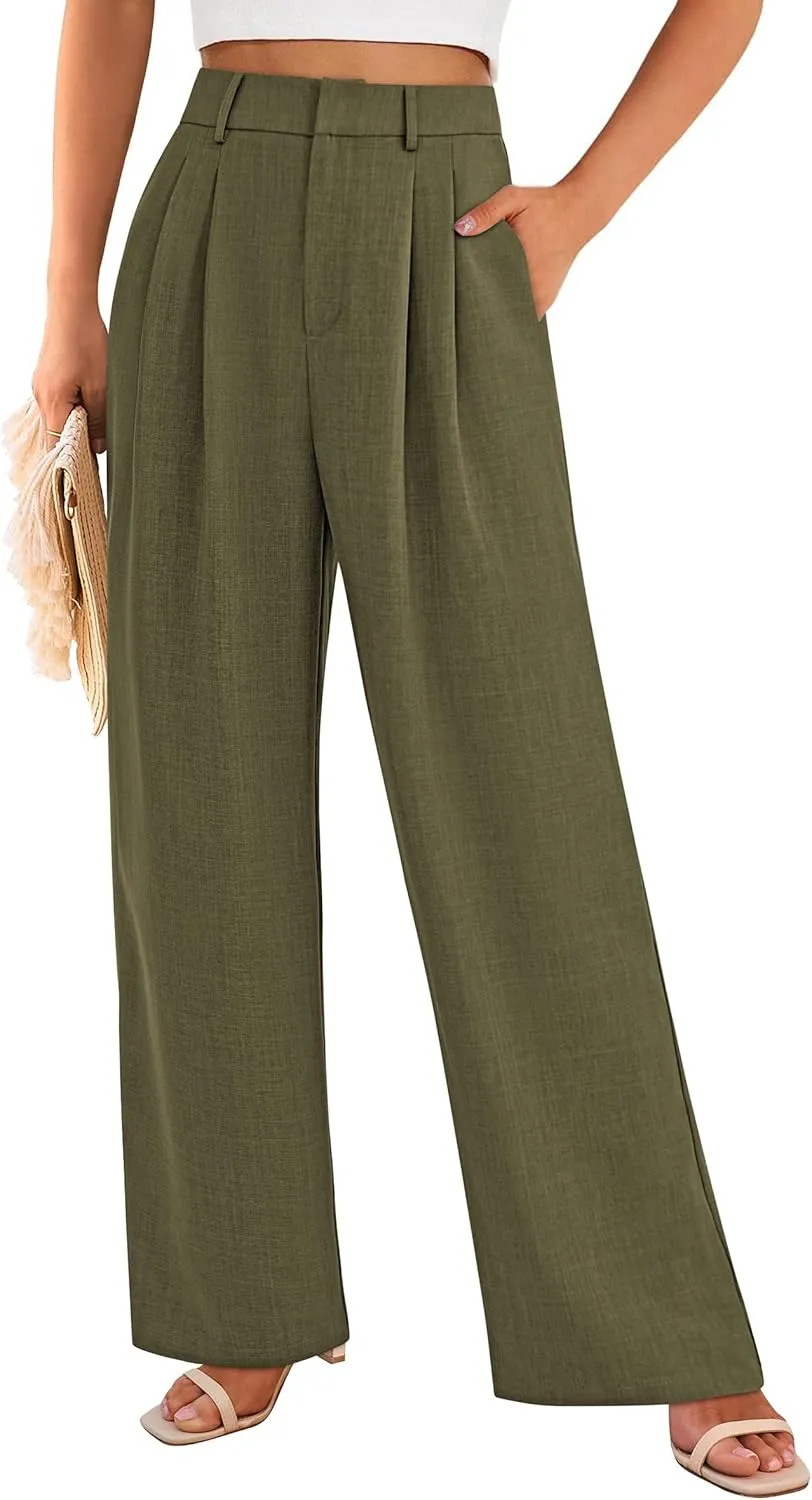 PRETTYGARDEN Women's Summer Elastic High Waisted Work Pants Straight Leg Dressy Business Casual Trousers Slacks Pockets