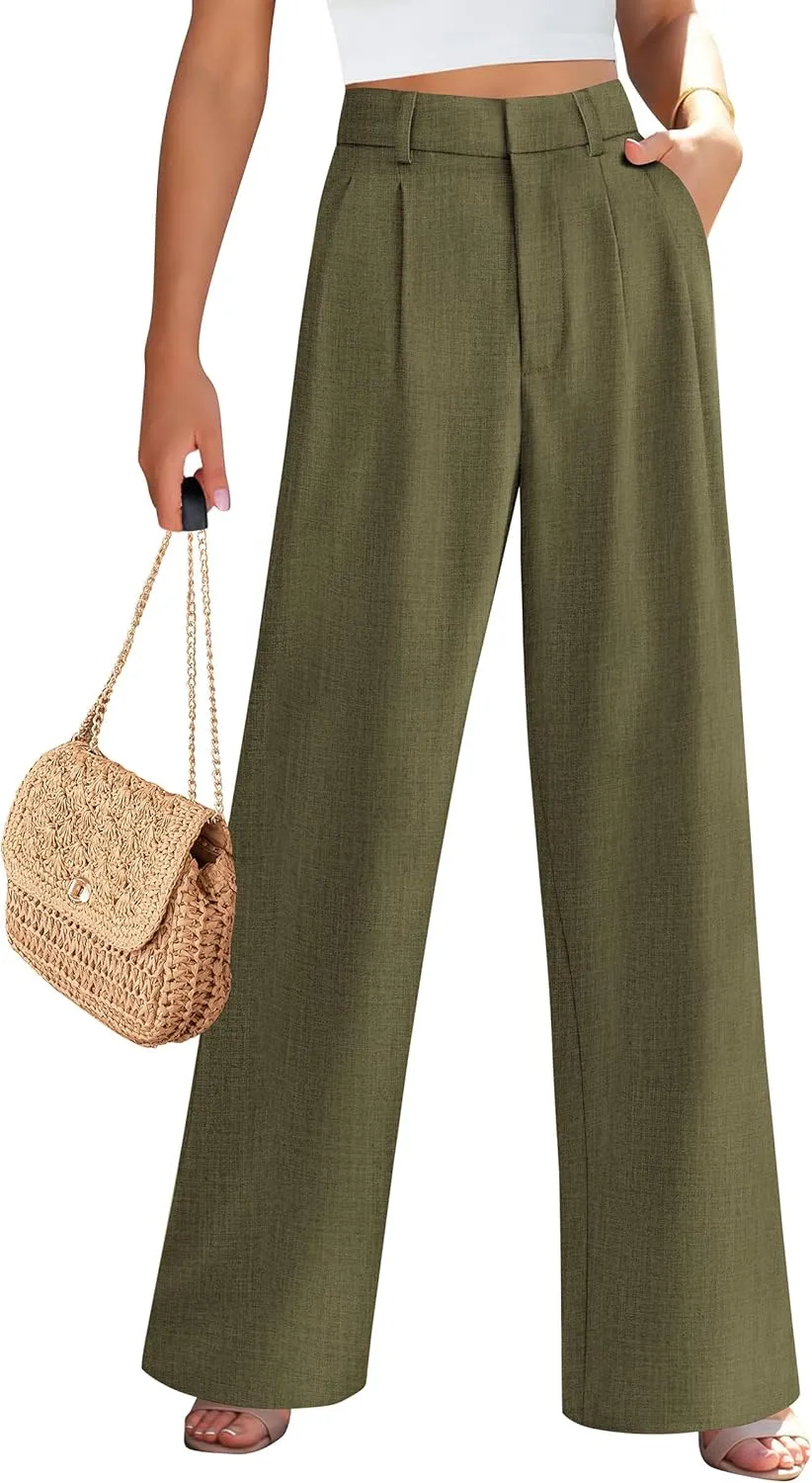 PRETTYGARDEN Women's Summer Elastic High Waisted Work Pants Straight Leg Dressy Business Casual Trousers Slacks Pockets