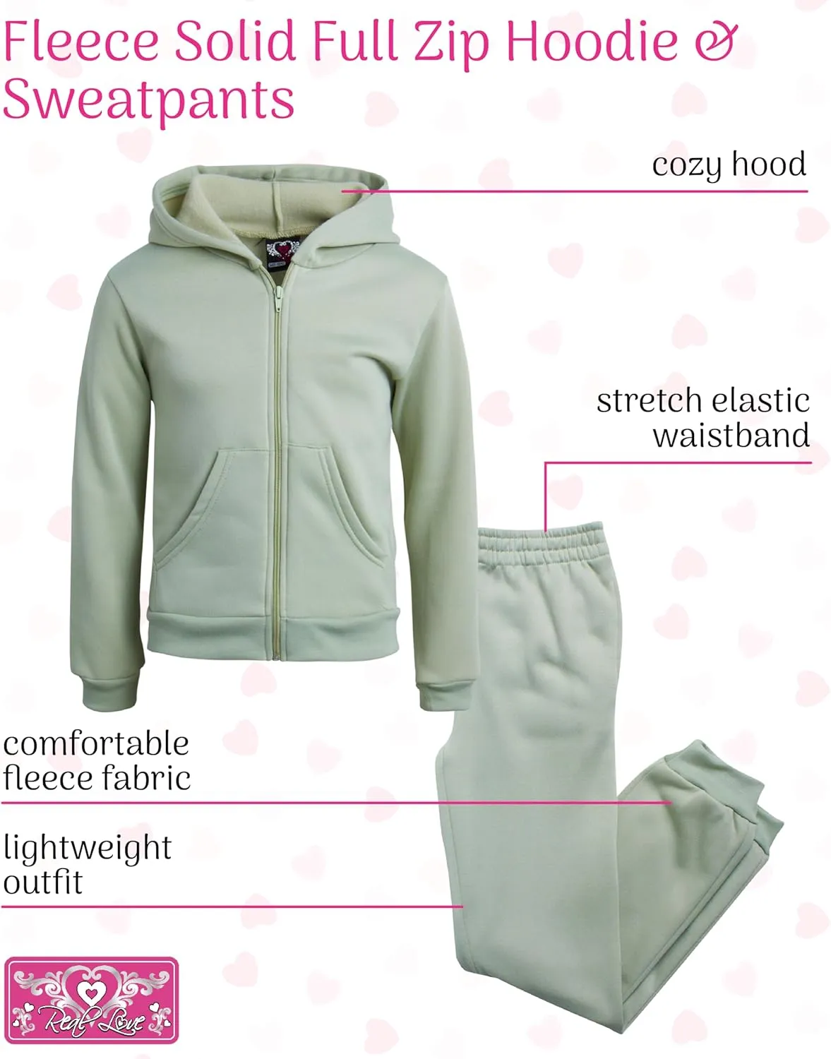 Real Love Girls' Jogger Set - 2 Piece Basic Fleece Solid Full Zip Hoodie and Sweatpants (Size: 7-16)
