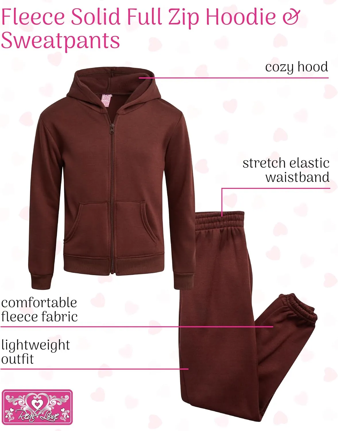 Real Love Girls' Jogger Set - 2 Piece Basic Fleece Solid Full Zip Hoodie and Sweatpants (Size: 7-16)