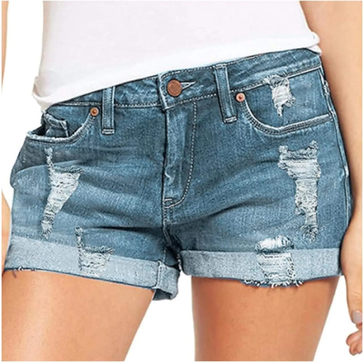 Ripped Jean Shorts Women High Waisted Roll Up Hem Straight Leg Denim Jean Shorts Stretch Summer Short Pants with Pockets