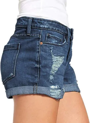 Ripped Jean Shorts Women High Waisted Roll Up Hem Straight Leg Denim Jean Shorts Stretch Summer Short Pants with Pockets