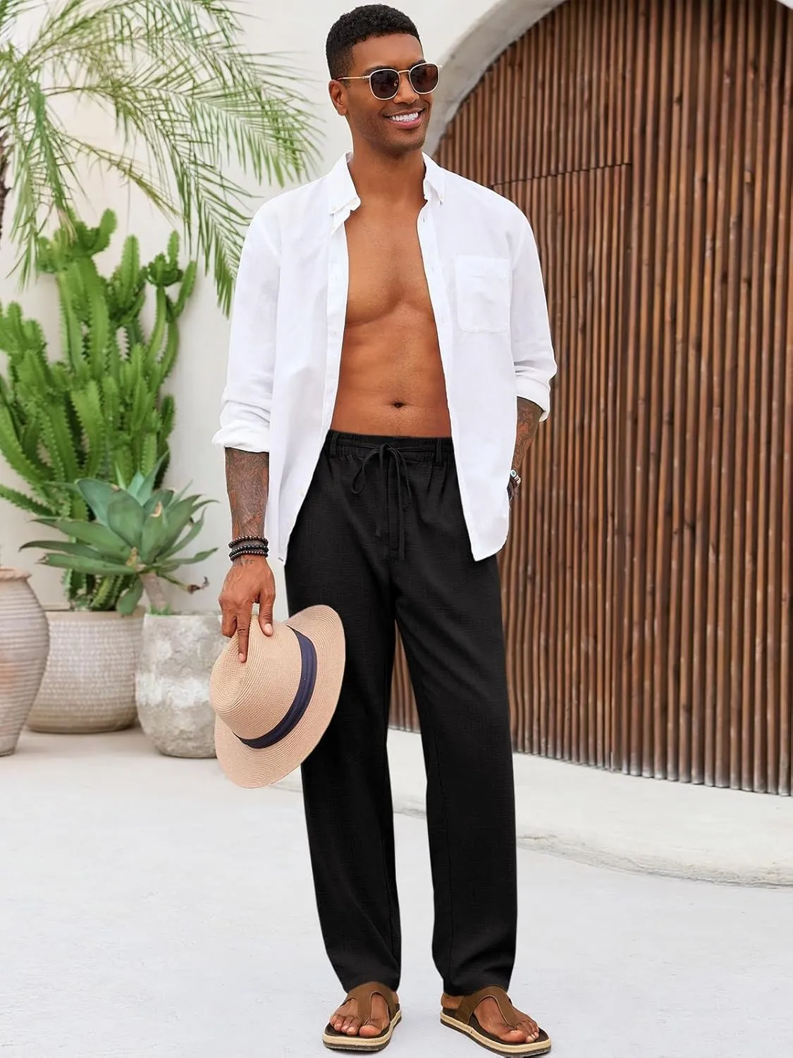 Runcati Mens Casual Pants Linen Elastic Waist Drawstring Lightweight Pants Loose Fit Summer Beach Yoga Trouser