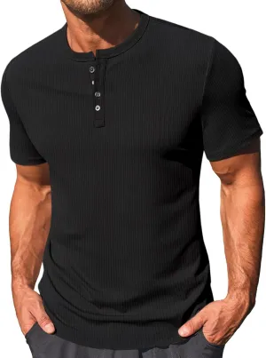 Runcati Men's Henley Shirts Short Sleeve Casual Ribbed Knitted Summer T-Shirt Slim Fit Workout Muscle Tops