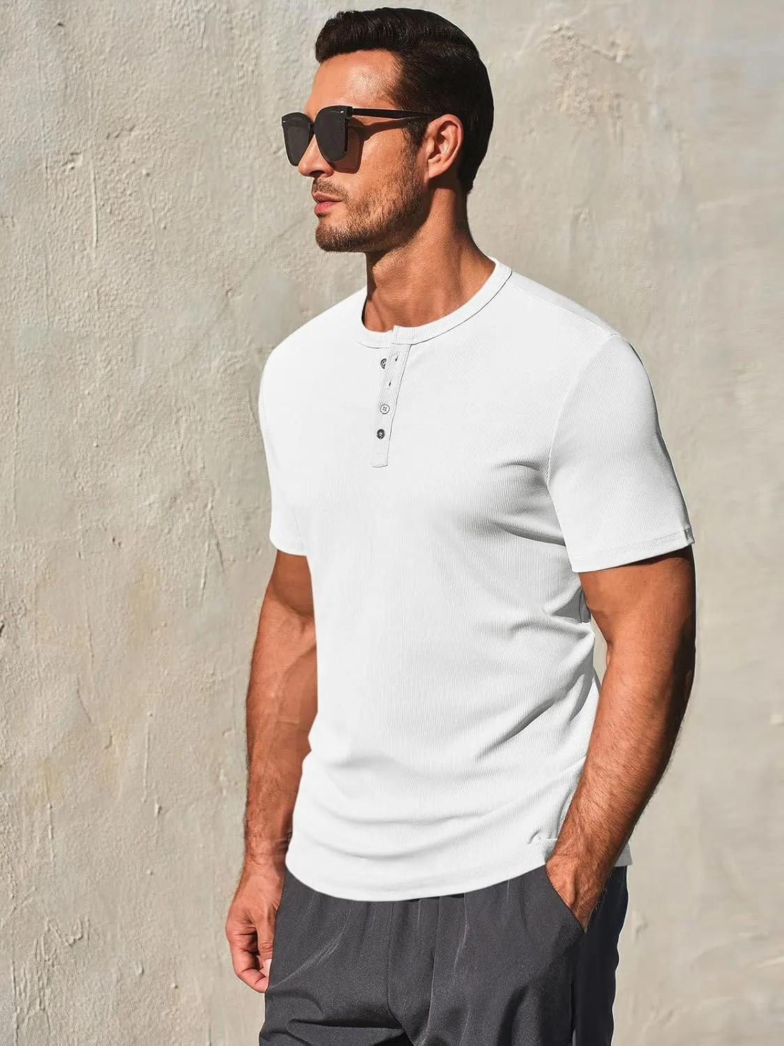 Runcati Men's Henley Shirts Short Sleeve Casual Ribbed Knitted Summer T-Shirt Slim Fit Workout Muscle Tops