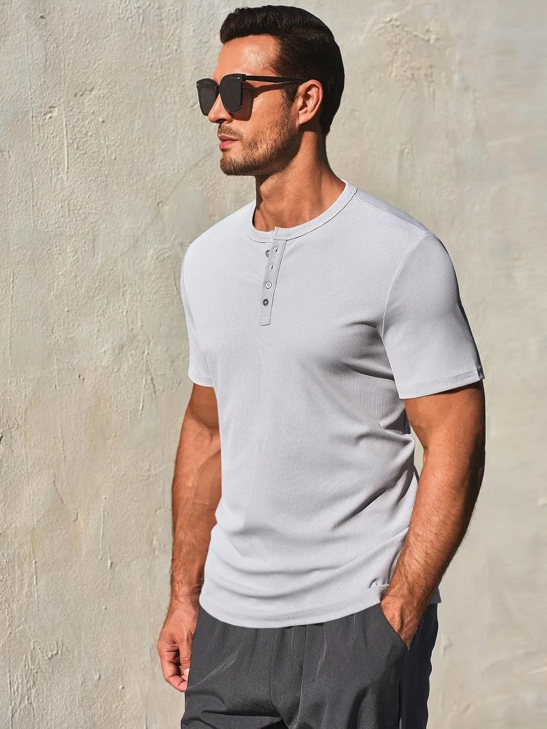 Runcati Men's Henley Shirts Short Sleeve Casual Ribbed Knitted Summer T-Shirt Slim Fit Workout Muscle Tops