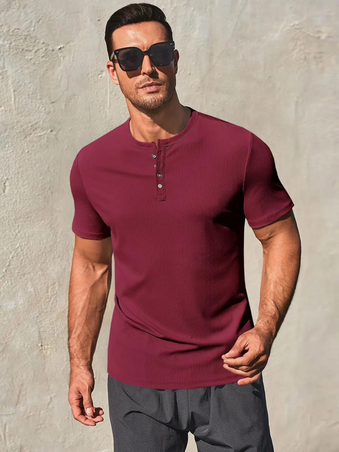 Runcati Men's Henley Shirts Short Sleeve Casual Ribbed Knitted Summer T-Shirt Slim Fit Workout Muscle Tops
