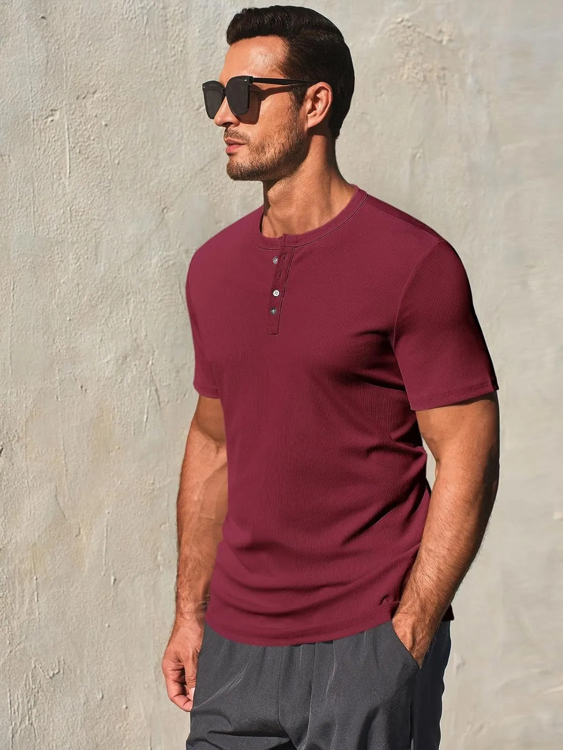Runcati Men's Henley Shirts Short Sleeve Casual Ribbed Knitted Summer T-Shirt Slim Fit Workout Muscle Tops