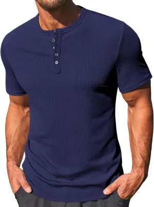 Runcati Men's Henley Shirts Short Sleeve Casual Ribbed Knitted Summer T-Shirt Slim Fit Workout Muscle Tops