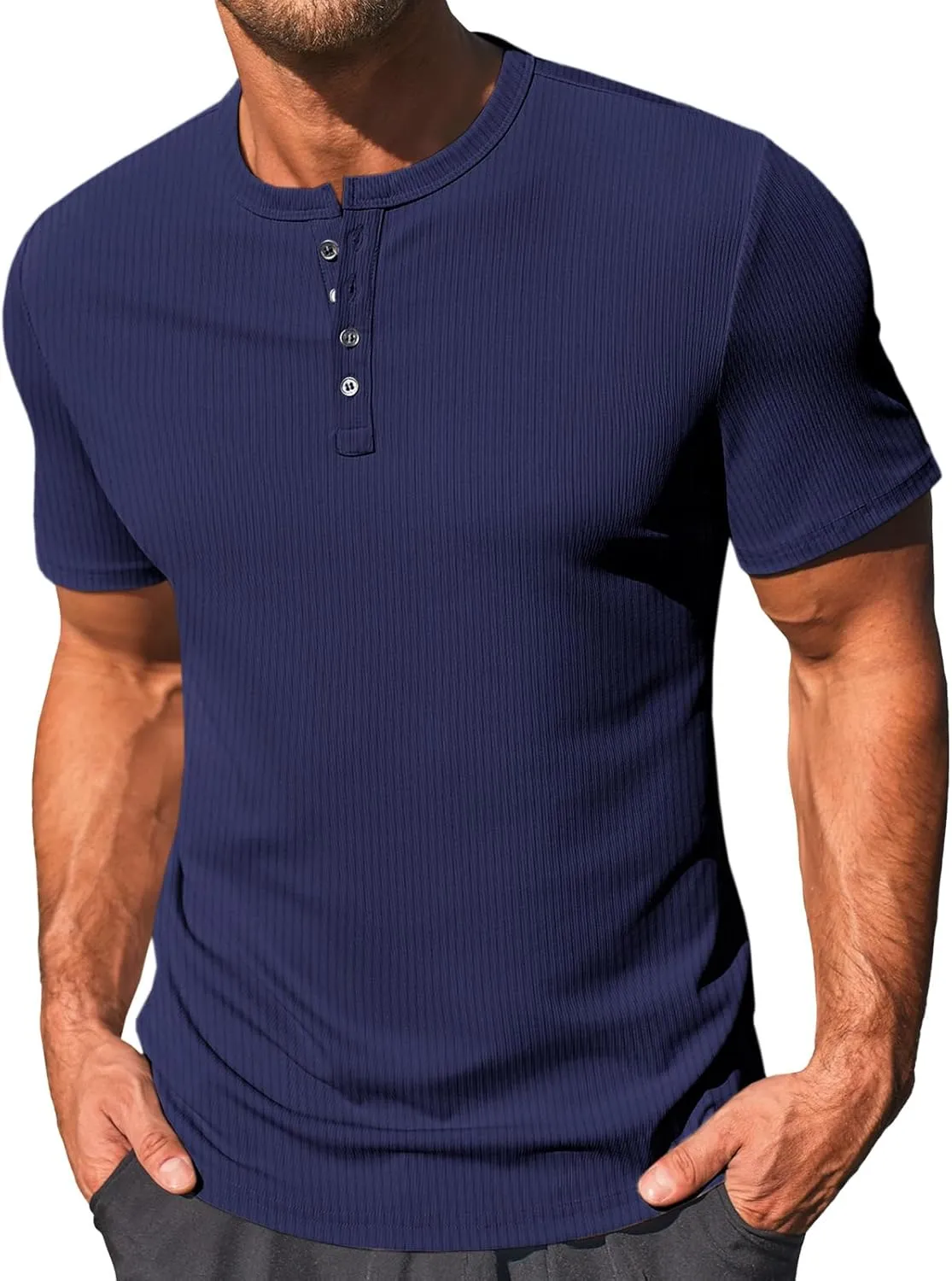 Runcati Men's Henley Shirts Short Sleeve Casual Ribbed Knitted Summer T-Shirt Slim Fit Workout Muscle Tops