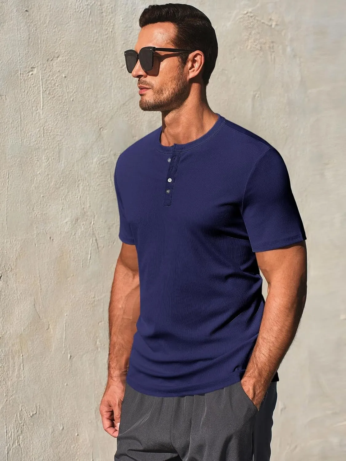 Runcati Men's Henley Shirts Short Sleeve Casual Ribbed Knitted Summer T-Shirt Slim Fit Workout Muscle Tops