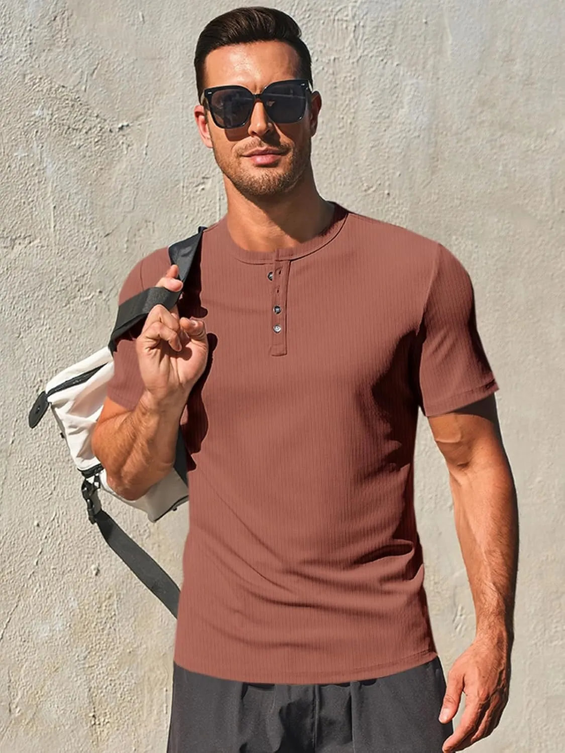 Runcati Men's Henley Shirts Short Sleeve Casual Ribbed Knitted Summer T-Shirt Slim Fit Workout Muscle Tops