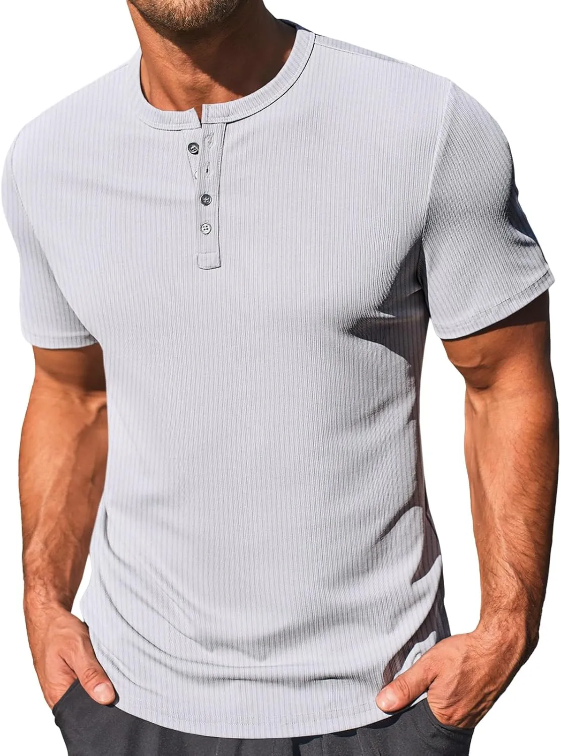 Runcati Men's Henley Shirts Short Sleeve Casual Ribbed Knitted Summer T-Shirt Slim Fit Workout Muscle Tops