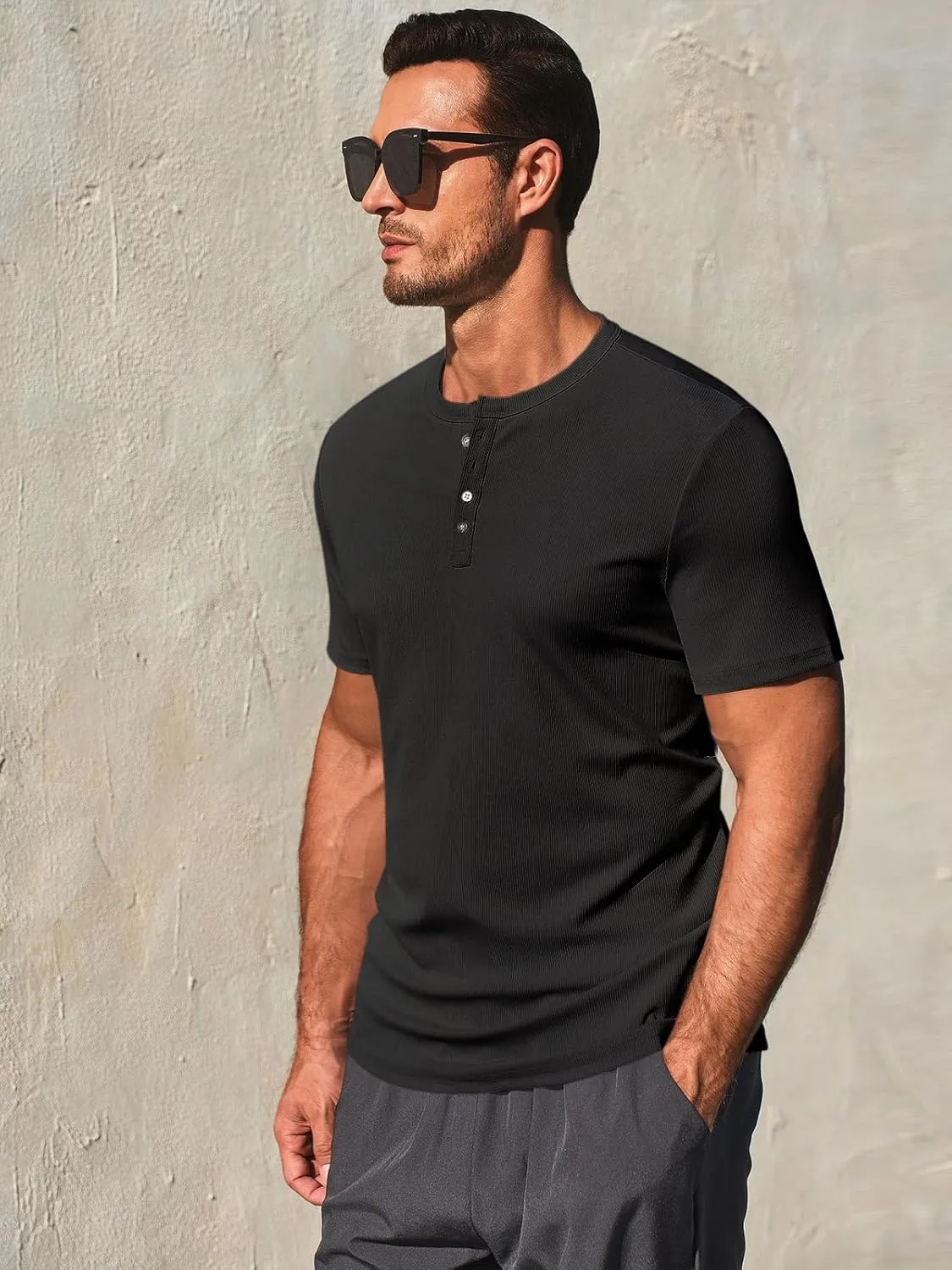 Runcati Men's Henley Shirts Short Sleeve Casual Ribbed Knitted Summer T-Shirt Slim Fit Workout Muscle Tops