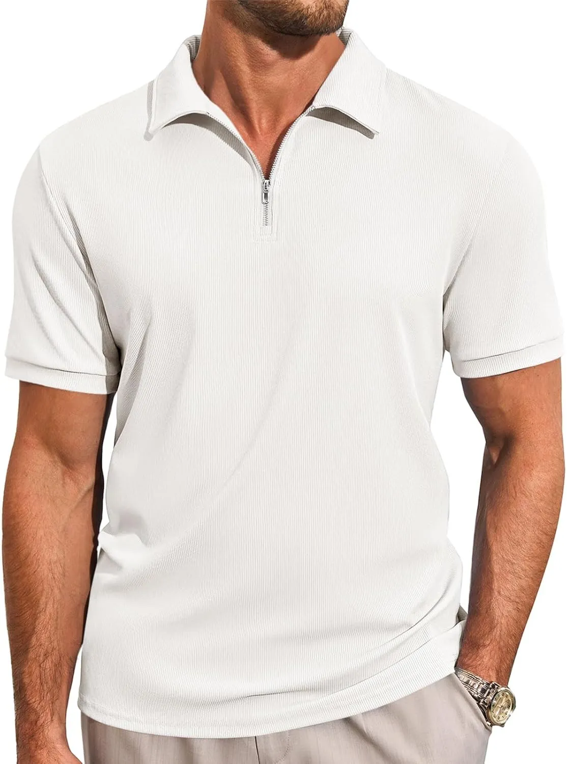 Runcati Men's Quarter Zip Polo Shirts Short Sleeve Casual Ribbed Knitted Golf Shirt Summer Beach Slim Fit Tops