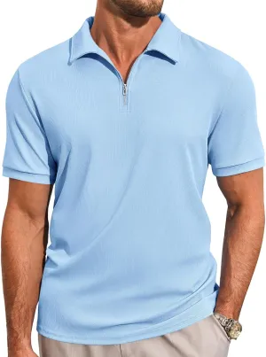 Runcati Men's Quarter Zip Polo Shirts Short Sleeve Casual Ribbed Knitted Golf Shirt Summer Beach Slim Fit Tops