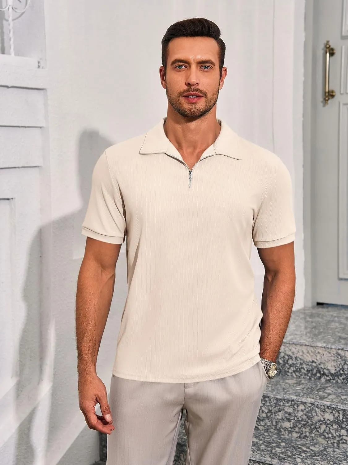Runcati Men's Quarter Zip Polo Shirts Short Sleeve Casual Ribbed Knitted Golf Shirt Summer Beach Slim Fit Tops