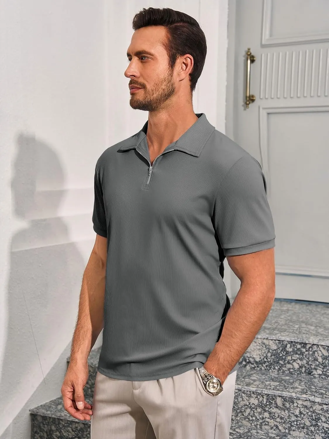 Runcati Men's Quarter Zip Polo Shirts Short Sleeve Casual Ribbed Knitted Golf Shirt Summer Beach Slim Fit Tops