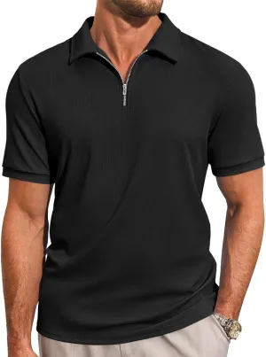 Runcati Men's Quarter Zip Polo Shirts Short Sleeve Casual Ribbed Knitted Golf Shirt Summer Beach Slim Fit Tops