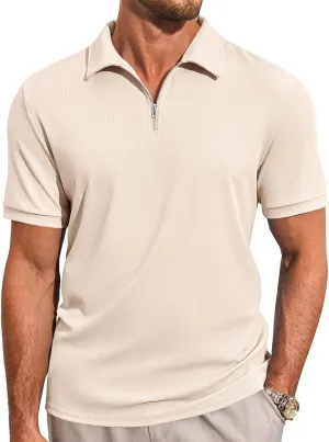 Runcati Men's Quarter Zip Polo Shirts Short Sleeve Casual Ribbed Knitted Golf Shirt Summer Beach Slim Fit Tops