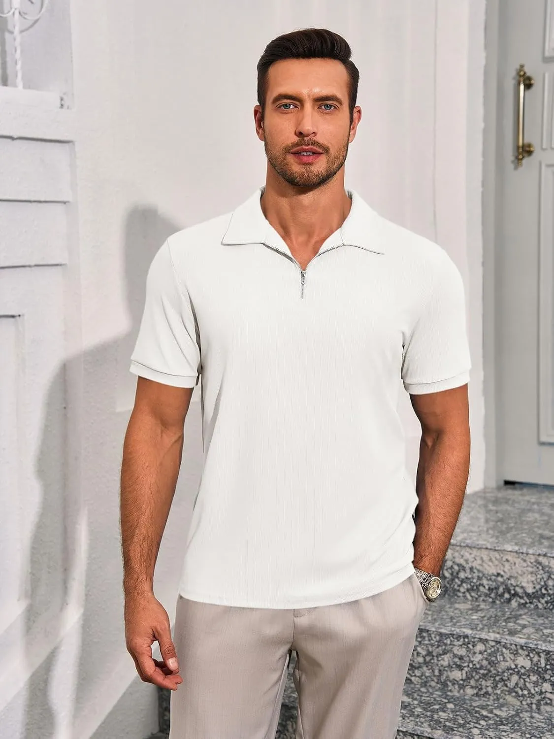 Runcati Men's Quarter Zip Polo Shirts Short Sleeve Casual Ribbed Knitted Golf Shirt Summer Beach Slim Fit Tops