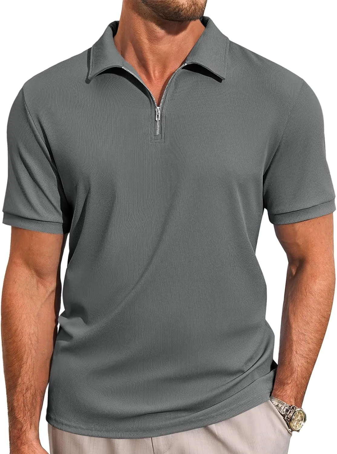 Runcati Men's Quarter Zip Polo Shirts Short Sleeve Casual Ribbed Knitted Golf Shirt Summer Beach Slim Fit Tops