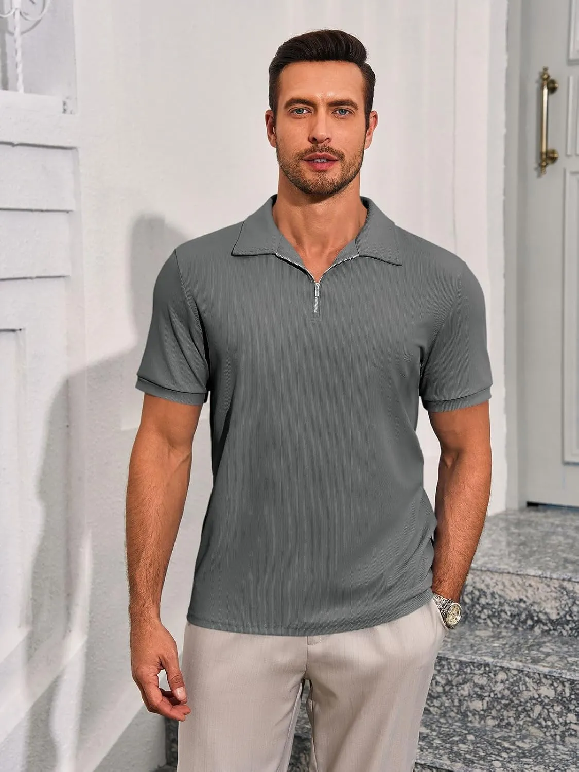 Runcati Men's Quarter Zip Polo Shirts Short Sleeve Casual Ribbed Knitted Golf Shirt Summer Beach Slim Fit Tops