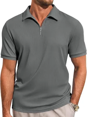 Runcati Men's Quarter Zip Polo Shirts Short Sleeve Casual Ribbed Knitted Golf Shirt Summer Beach Slim Fit Tops