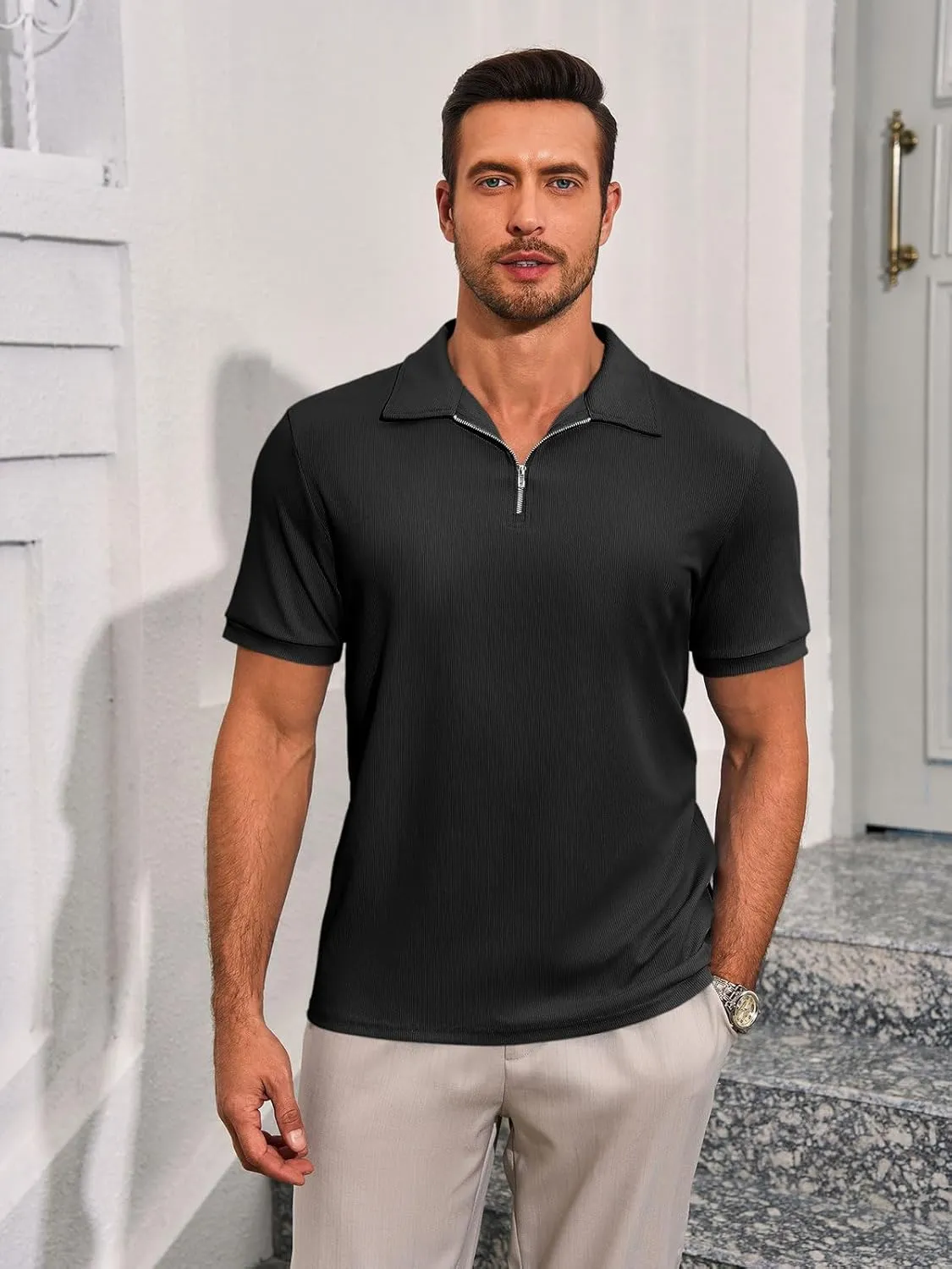 Runcati Men's Quarter Zip Polo Shirts Short Sleeve Casual Ribbed Knitted Golf Shirt Summer Beach Slim Fit Tops