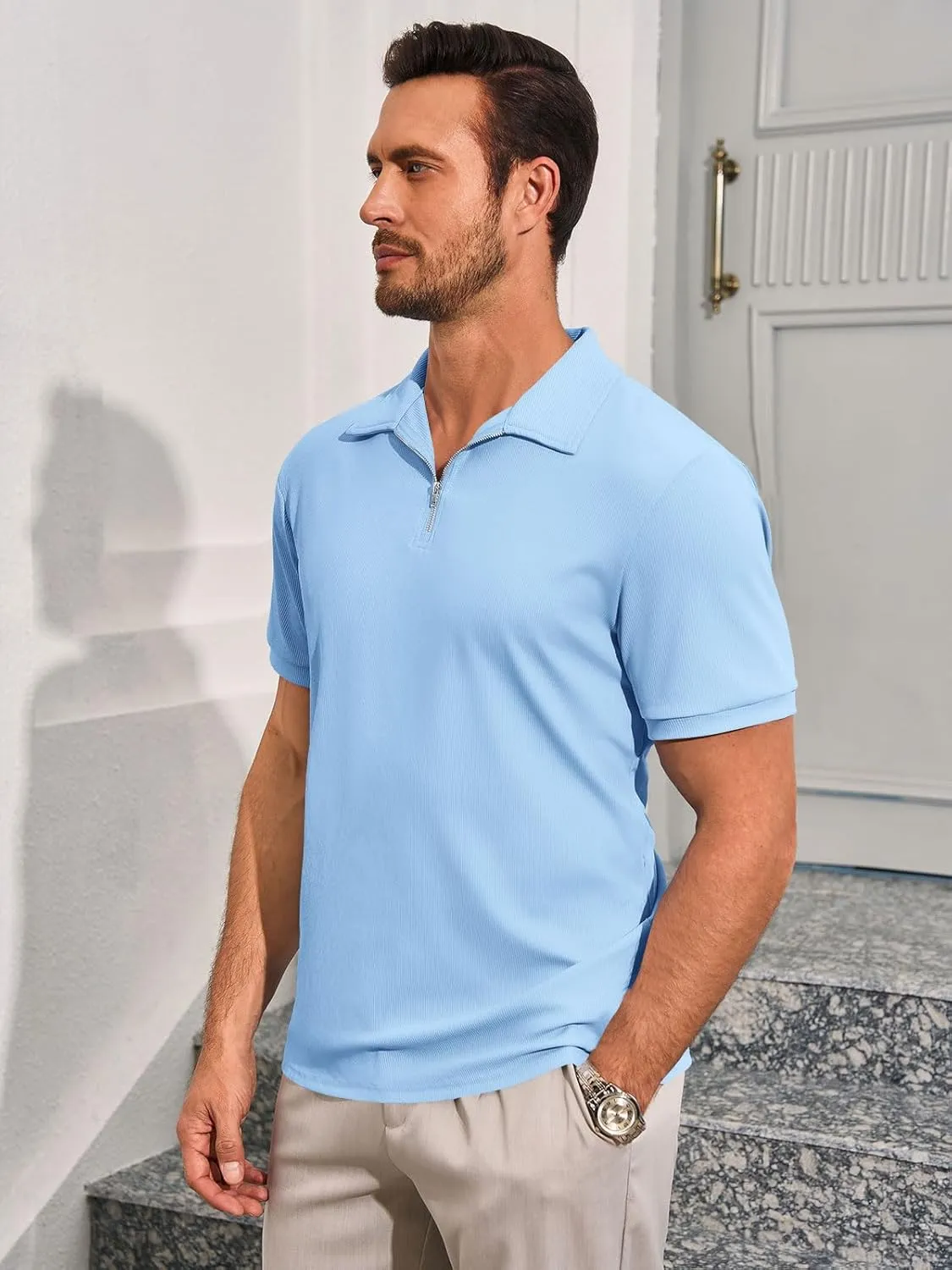 Runcati Men's Quarter Zip Polo Shirts Short Sleeve Casual Ribbed Knitted Golf Shirt Summer Beach Slim Fit Tops