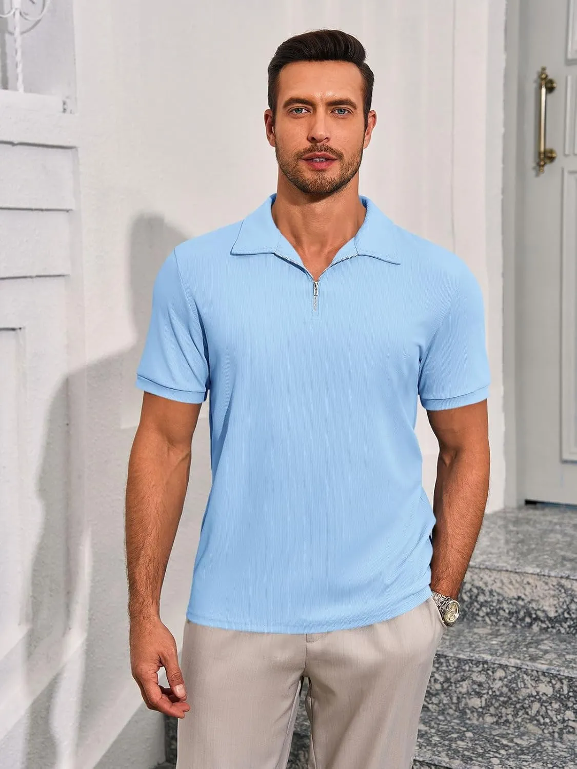 Runcati Men's Quarter Zip Polo Shirts Short Sleeve Casual Ribbed Knitted Golf Shirt Summer Beach Slim Fit Tops