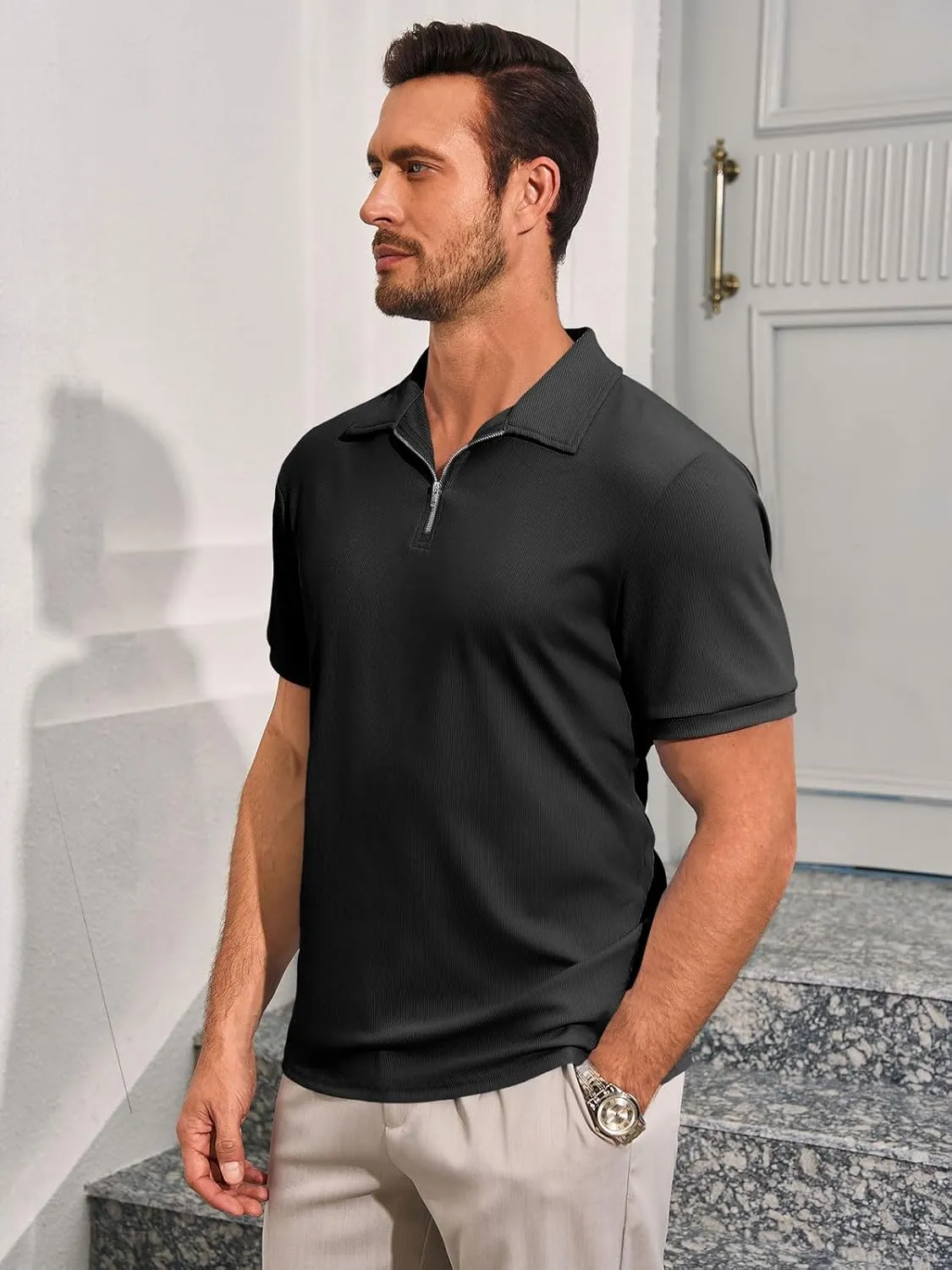 Runcati Men's Quarter Zip Polo Shirts Short Sleeve Casual Ribbed Knitted Golf Shirt Summer Beach Slim Fit Tops