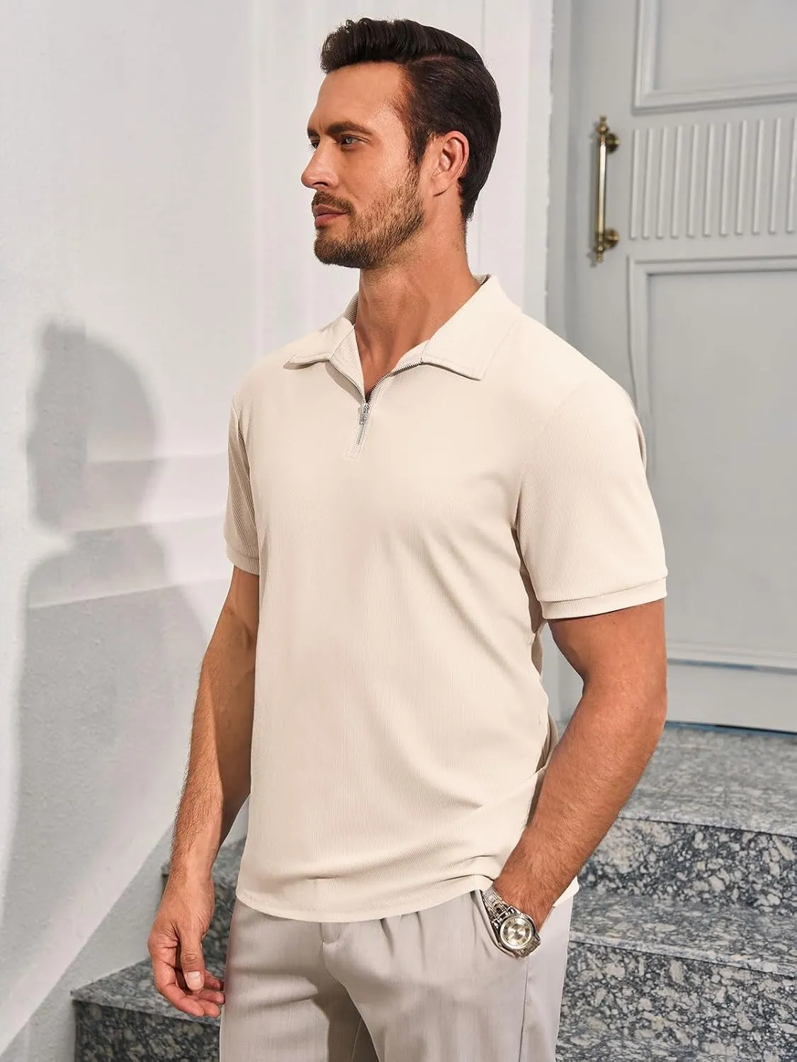 Runcati Men's Quarter Zip Polo Shirts Short Sleeve Casual Ribbed Knitted Golf Shirt Summer Beach Slim Fit Tops