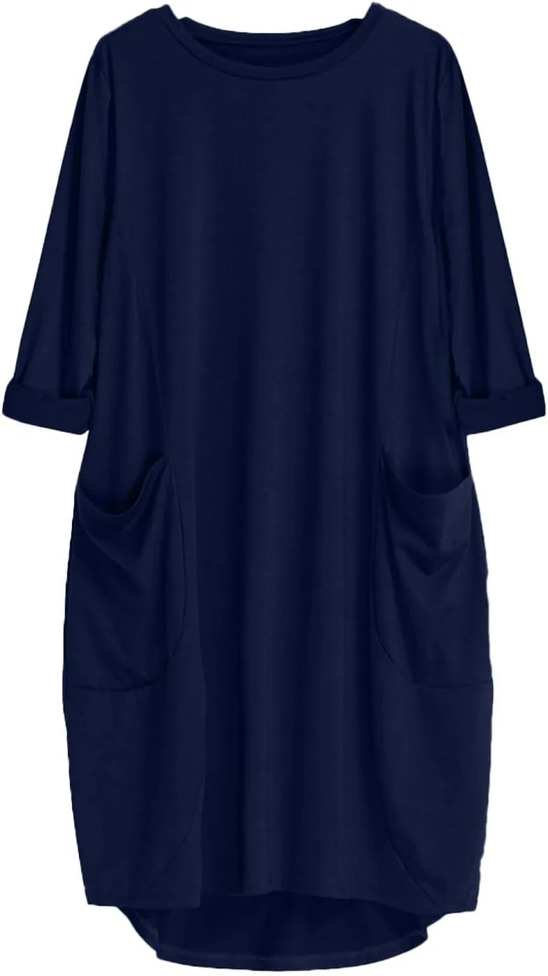 Shirt Dresses for Women 2024 Plus Size Long Sleeve Solid Crewneck Loose Comfy Midi Dress Party Fall Outfits Clothes