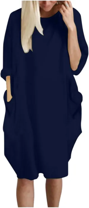 Shirt Dresses for Women 2024 Plus Size Long Sleeve Solid Crewneck Loose Comfy Midi Dress Party Fall Outfits Clothes