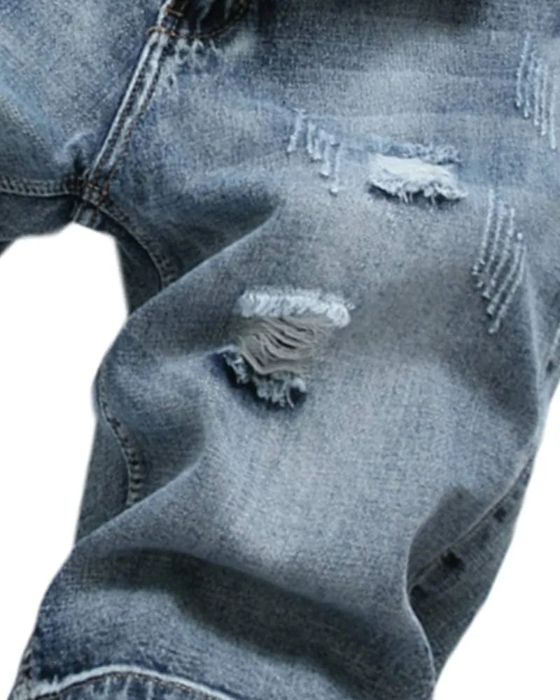 SHOOYING Men's Casual Denim Ripped Shorts