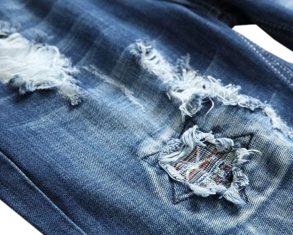 SHOOYING Men's Casual Denim Ripped Shorts
