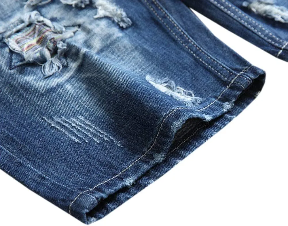 SHOOYING Men's Casual Denim Ripped Shorts