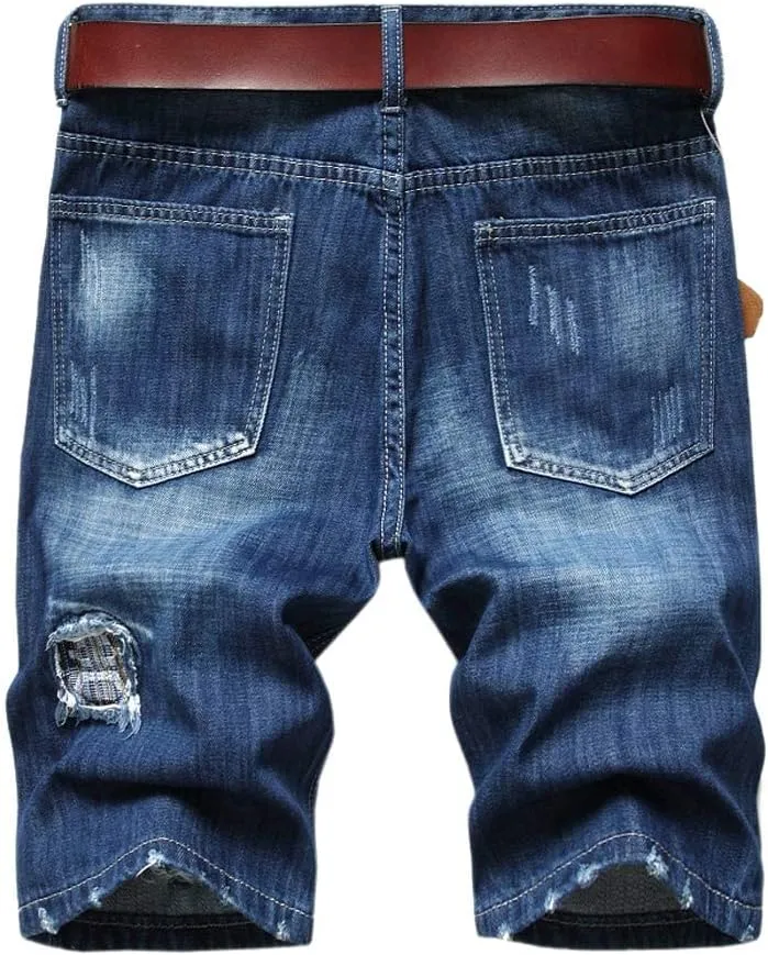 SHOOYING Men's Casual Denim Ripped Shorts