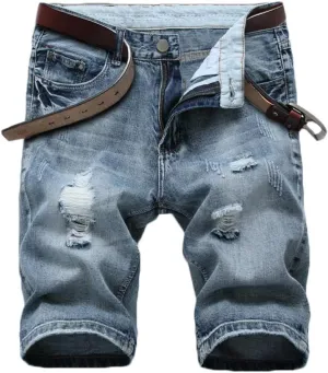 SHOOYING Men's Casual Denim Ripped Shorts