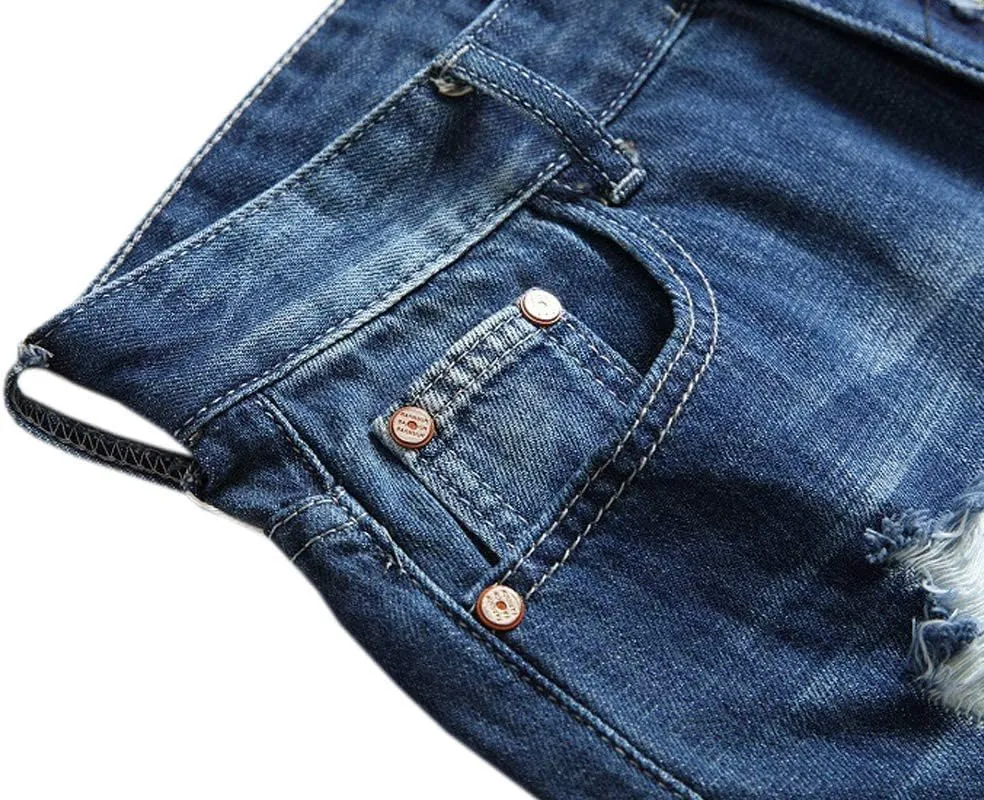 SHOOYING Men's Casual Denim Ripped Shorts