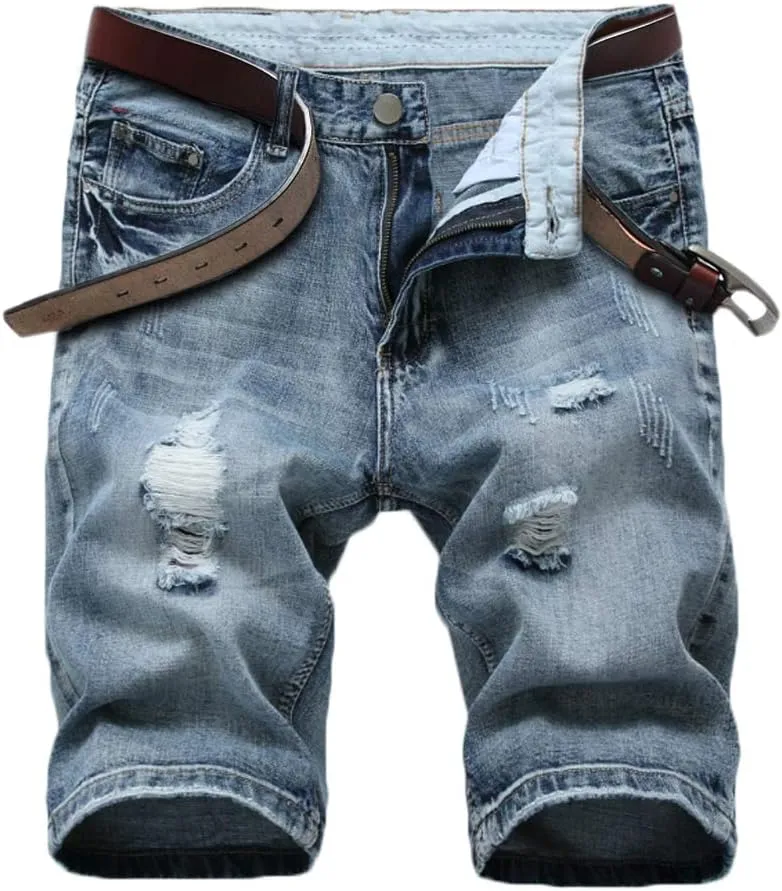 SHOOYING Men's Casual Denim Ripped Shorts