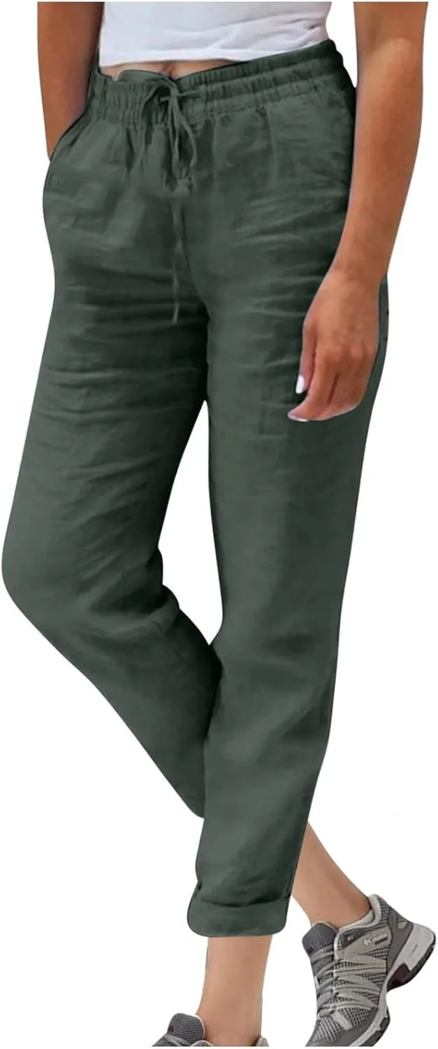 SHOPESSA Linen Pants for Women Drawstring high Waisted Capris with Pockets Solid Color Ladies capriswomen Linen Pants